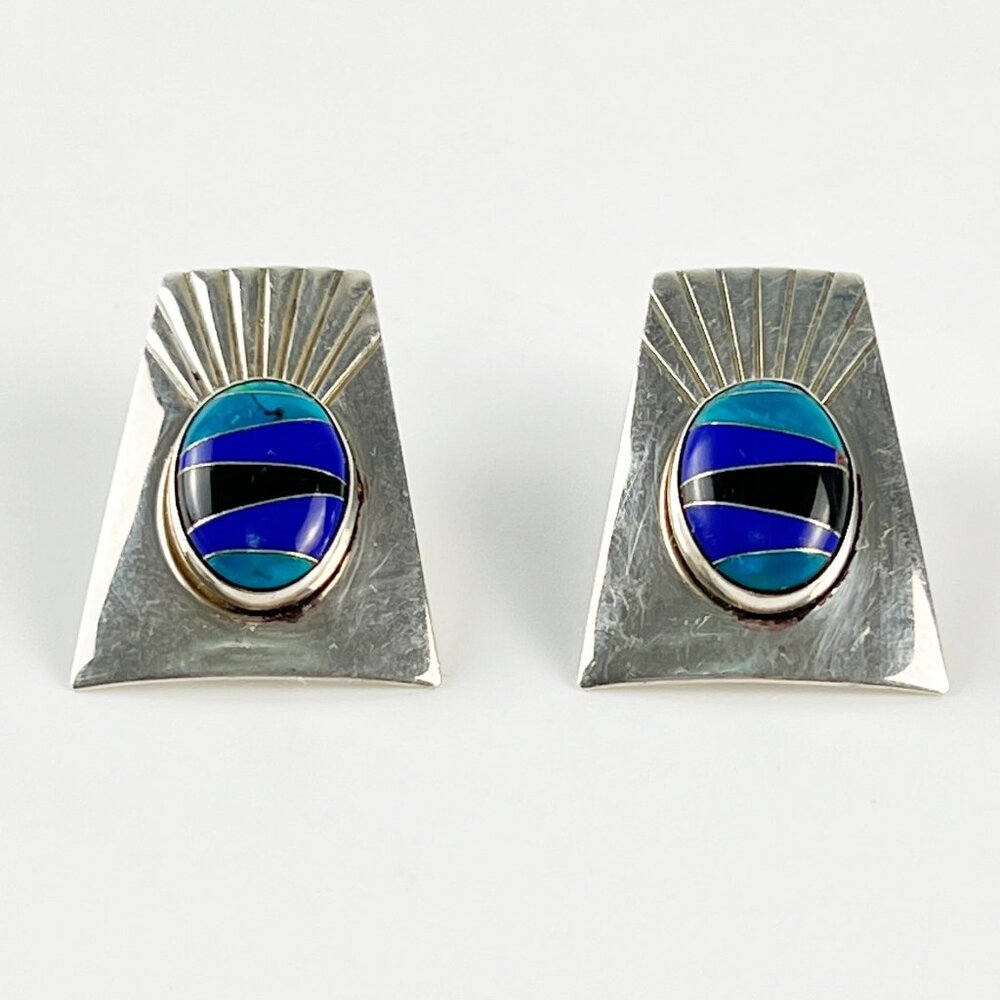 Vintage Sunwest Sterling Silver Blue Green Stone Inlay Geometric Post Earrings